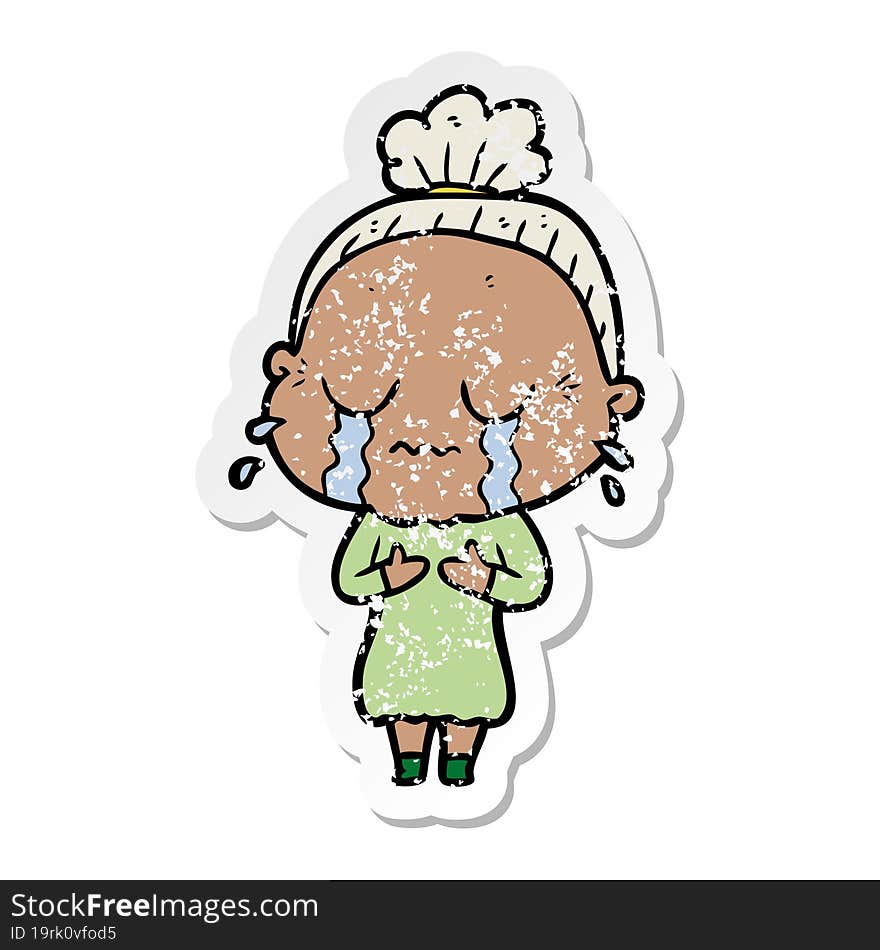 distressed sticker of a cartoon crying old lady