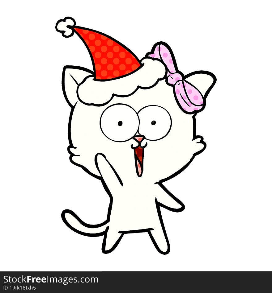 comic book style illustration of a cat wearing santa hat