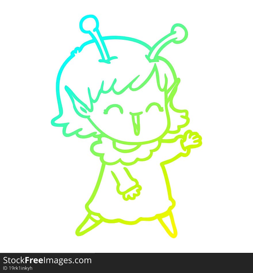 cold gradient line drawing of a cartoon alien girl laughing