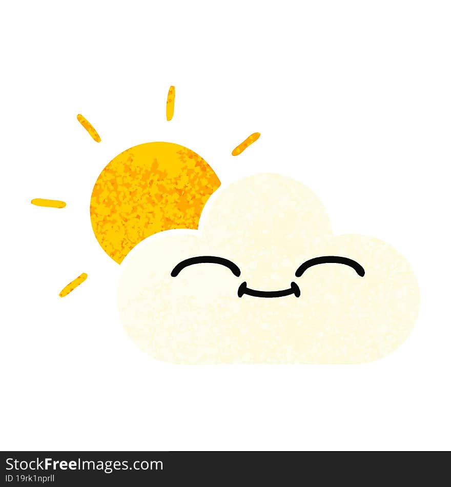 retro illustration style cartoon of a sunshine and cloud