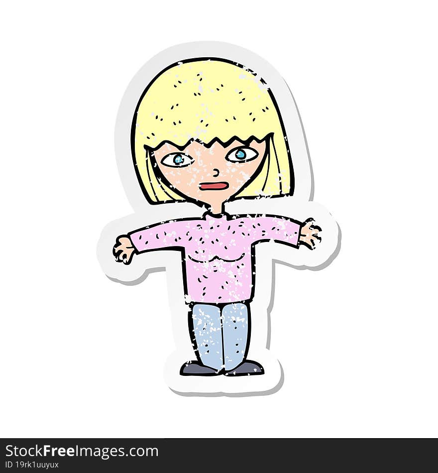 retro distressed sticker of a cartoon woman with open arms