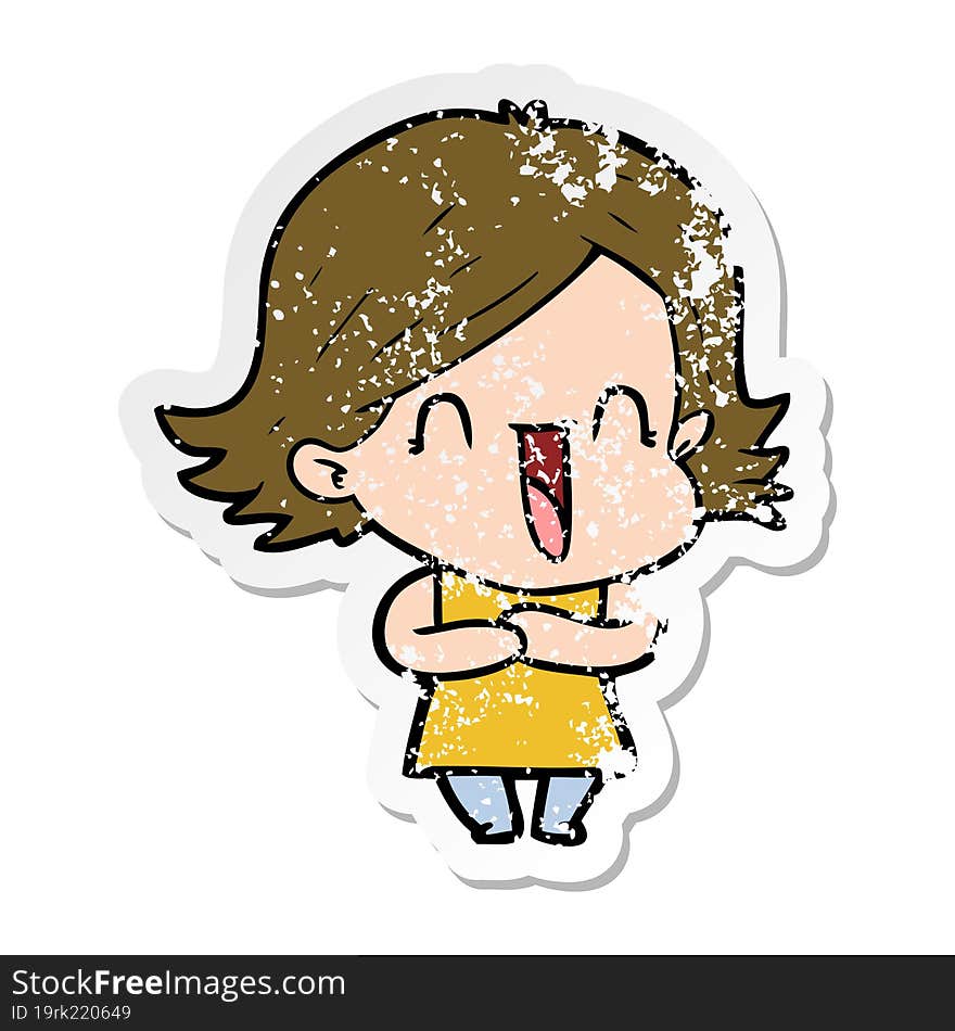 distressed sticker of a cartoon laughing woman