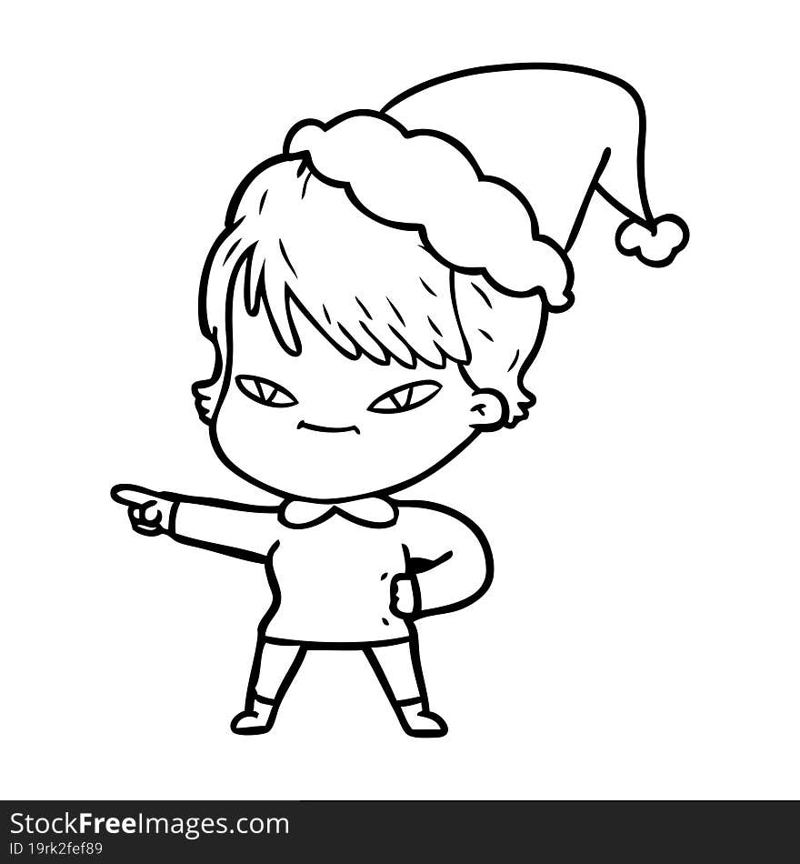 line drawing of a happy woman wearing santa hat