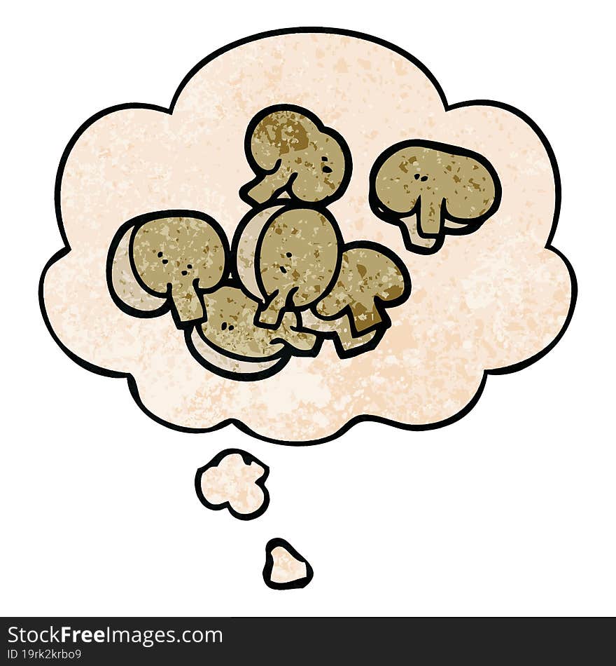 cartoon chopped mushrooms and thought bubble in grunge texture pattern style