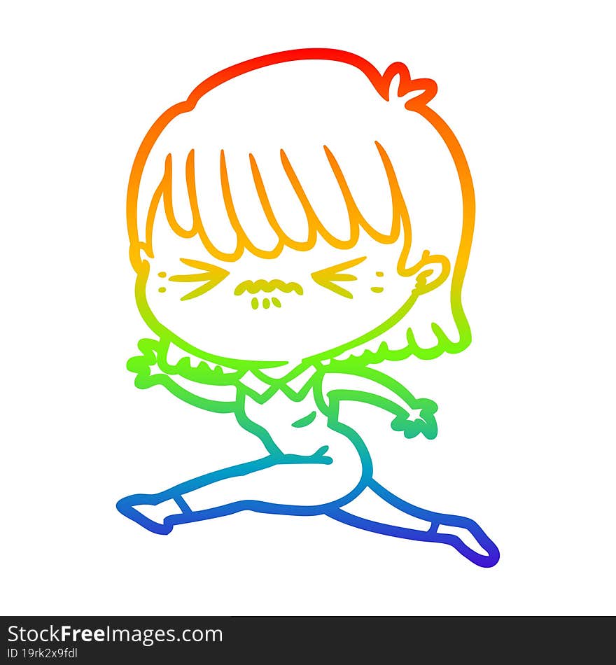 Rainbow Gradient Line Drawing Cartoon Woman Jumping