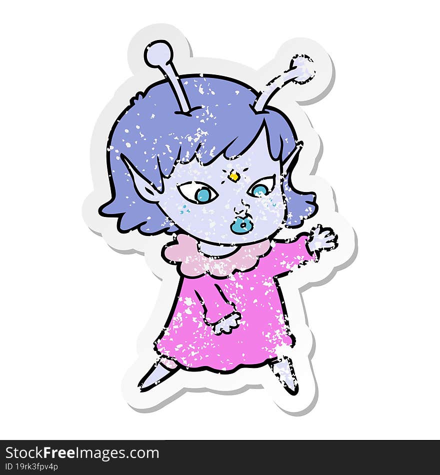 Distressed Sticker Of A Pretty Cartoon Alien Girl