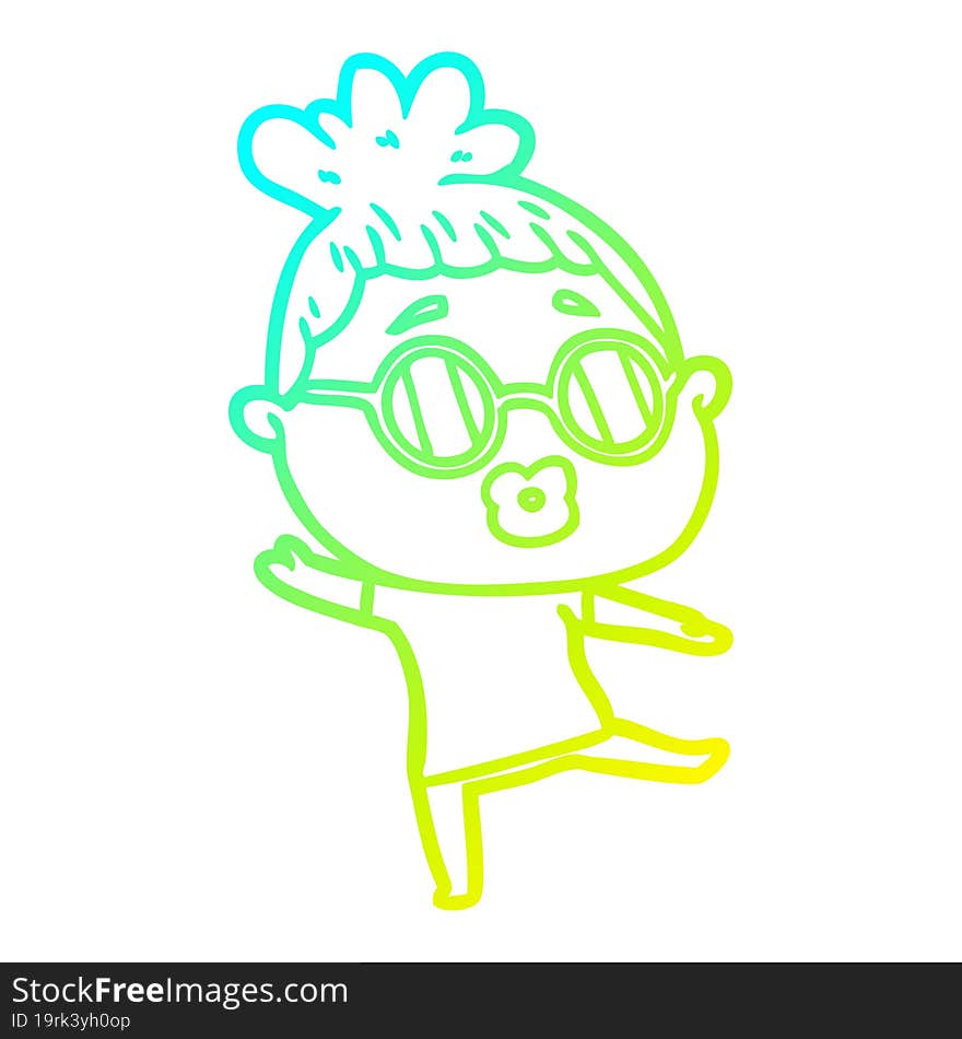 cold gradient line drawing of a cartoon woman dancing wearing spectacles