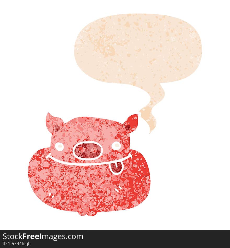 cartoon happy pig face and speech bubble in retro textured style