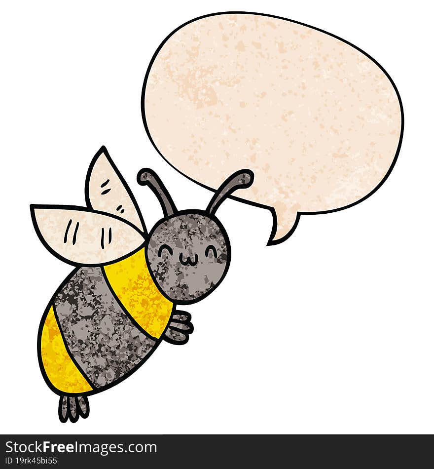 cute cartoon bee with speech bubble in retro texture style