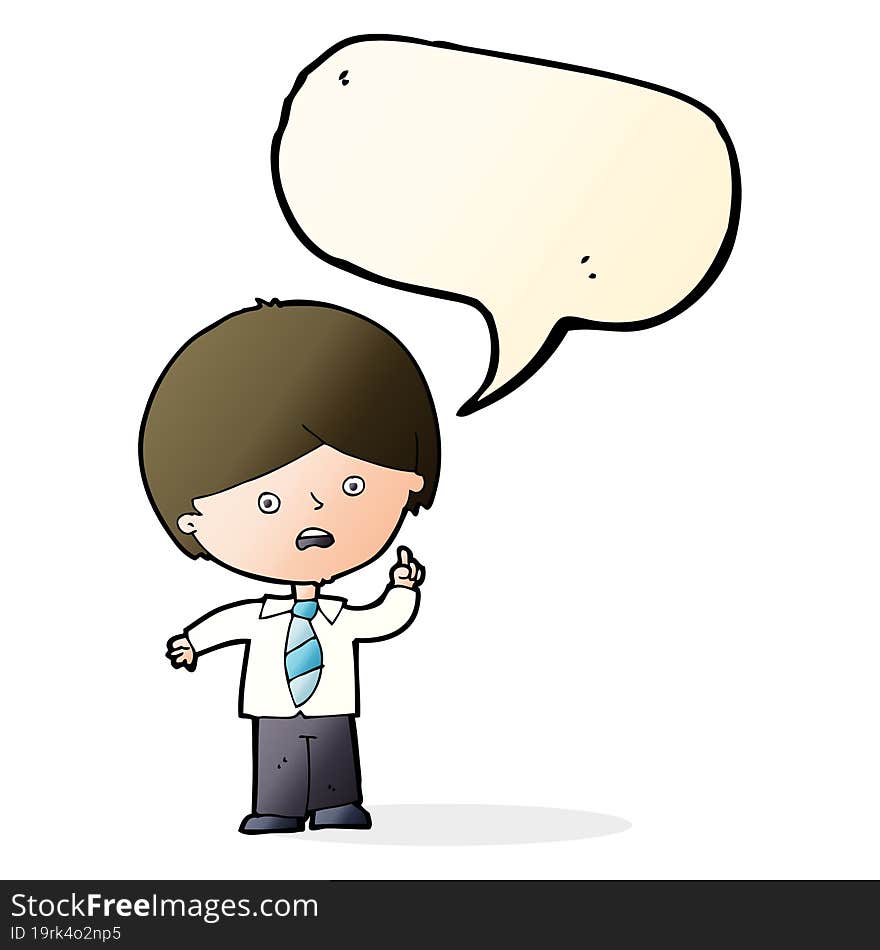 Cartoon Worried School Boy Raising Hand With Speech Bubble