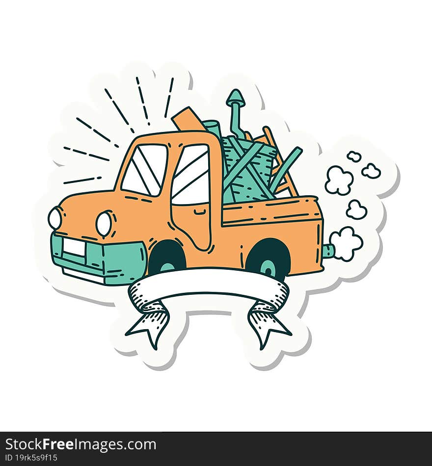 sticker of tattoo style truck carrying junk