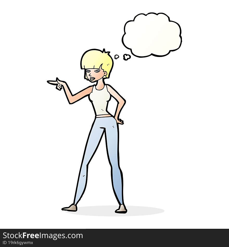 cartoon woman pointing with thought bubble