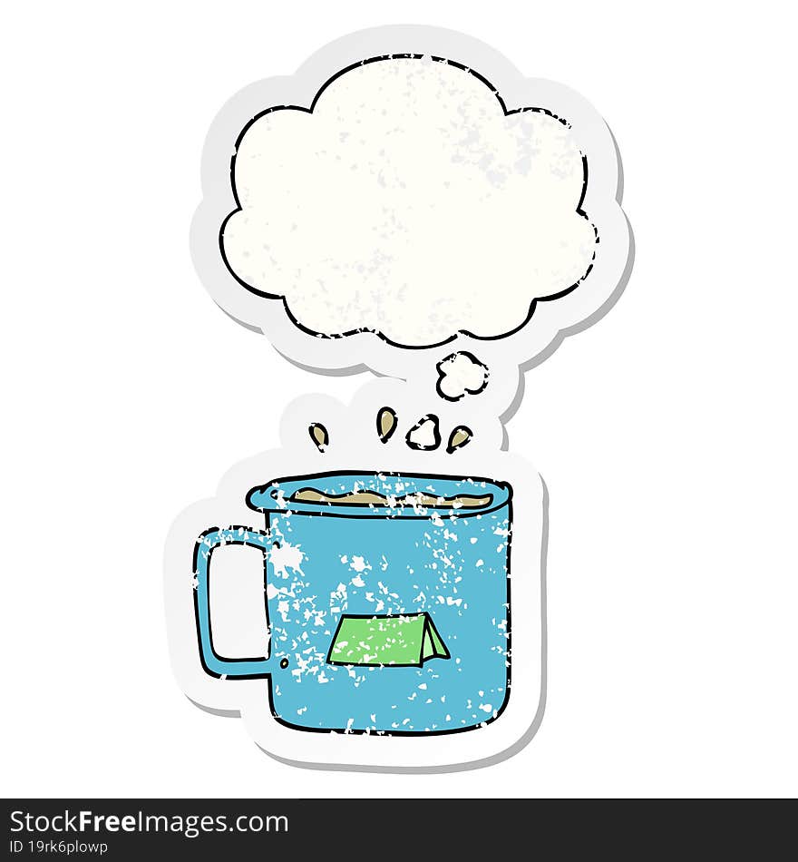 cartoon camping mug with thought bubble as a distressed worn sticker