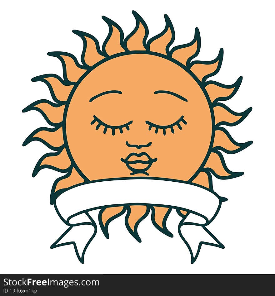 tattoo with banner of a sun with face