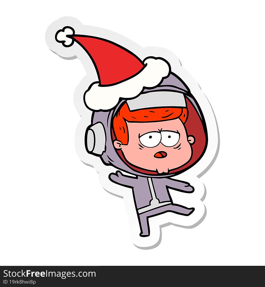 Sticker Cartoon Of A Tired Astronaut Wearing Santa Hat