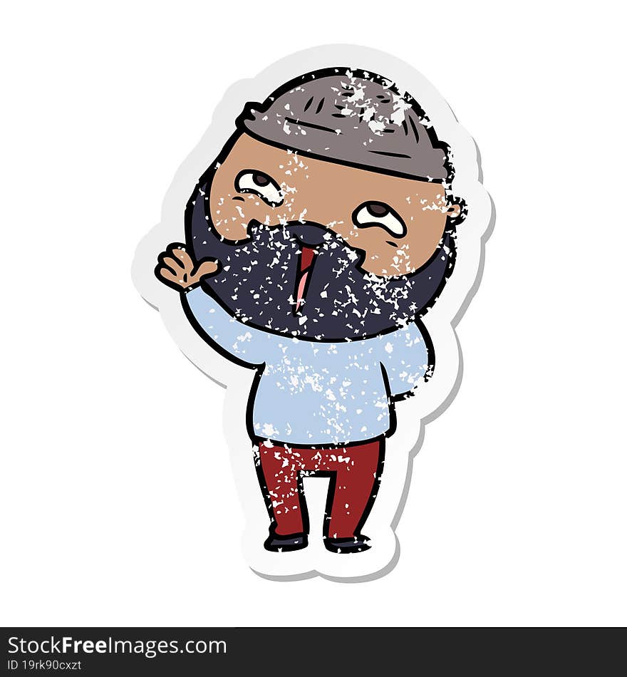 distressed sticker of a cartoon happy bearded man