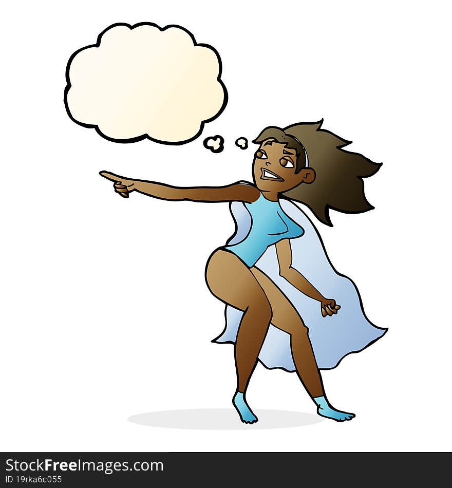 Cartoon Superhero Woman Pointing With Thought Bubble