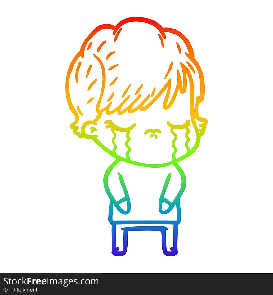 rainbow gradient line drawing of a cartoon woman crying