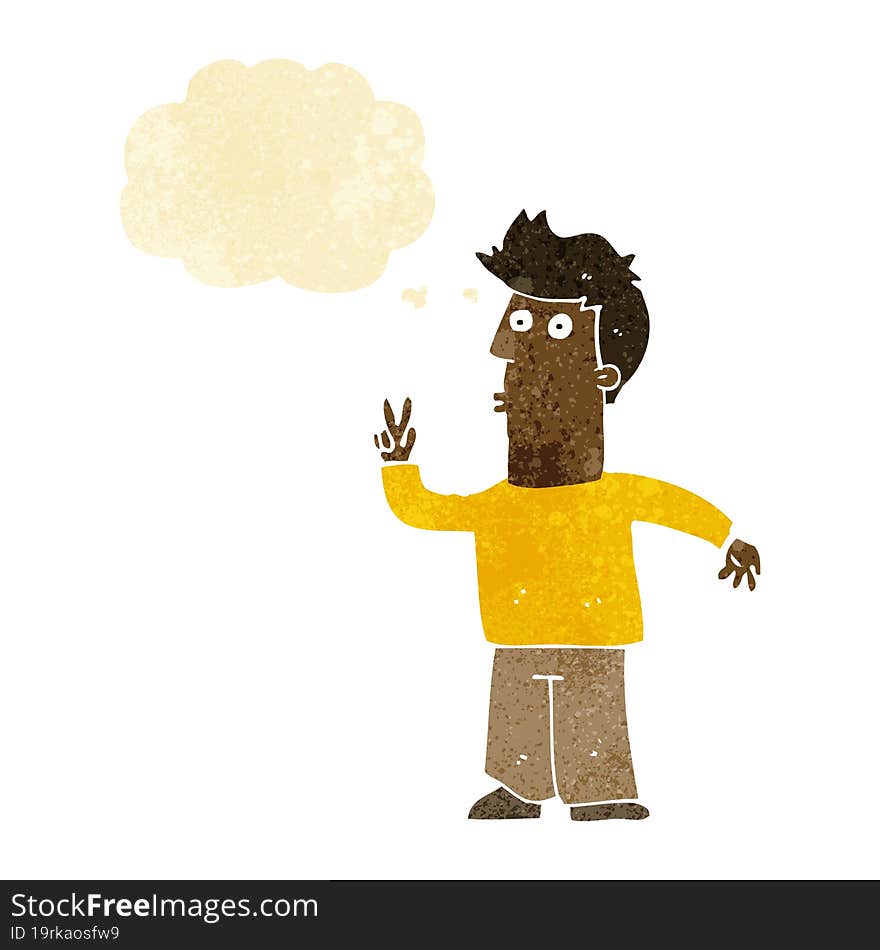 cartoon man giving peace sign with thought bubble