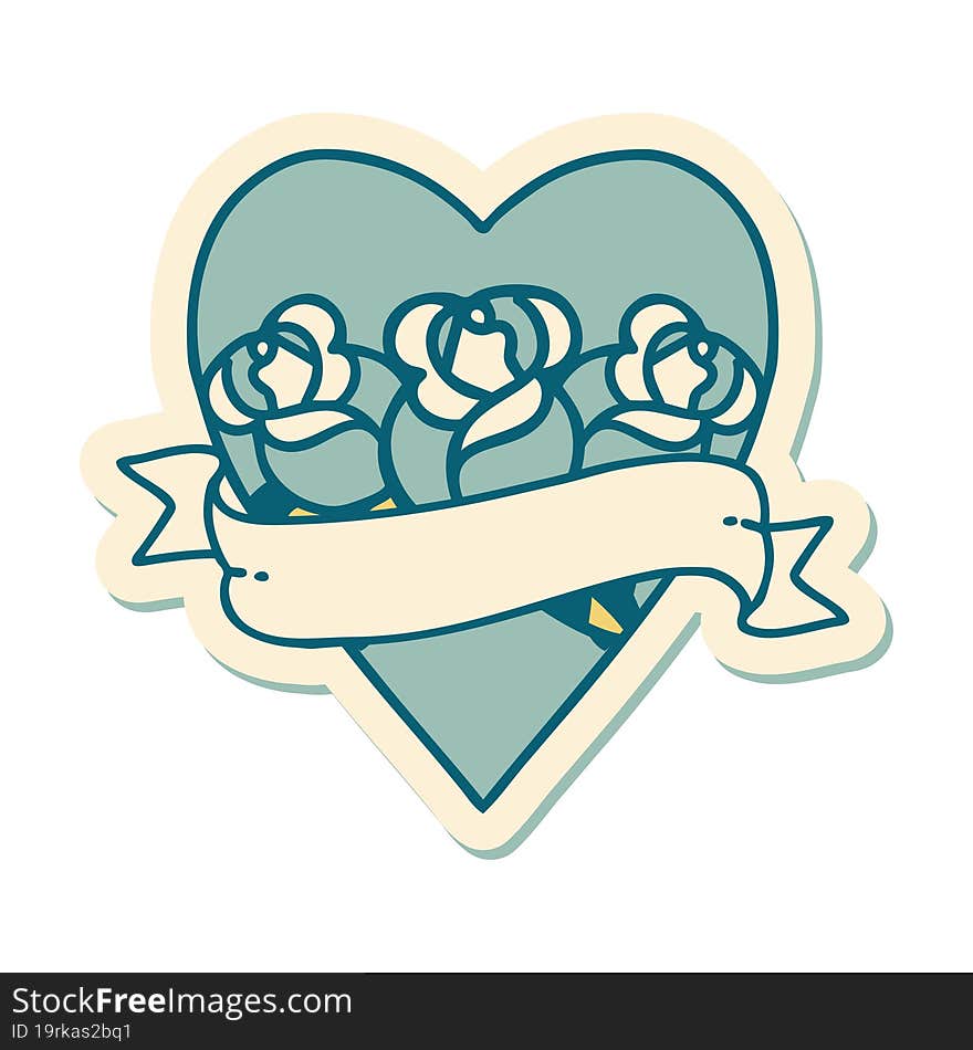 sticker of tattoo in traditional style of a heart and banner with flowers. sticker of tattoo in traditional style of a heart and banner with flowers