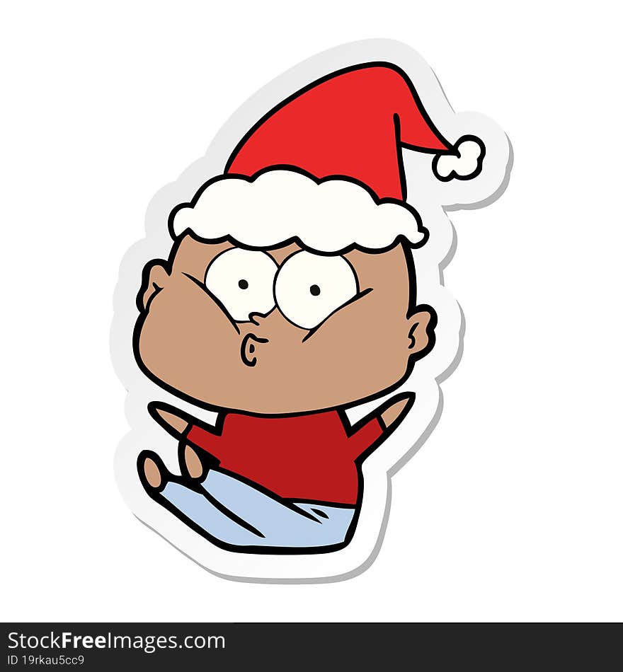 sticker cartoon of a bald man staring wearing santa hat