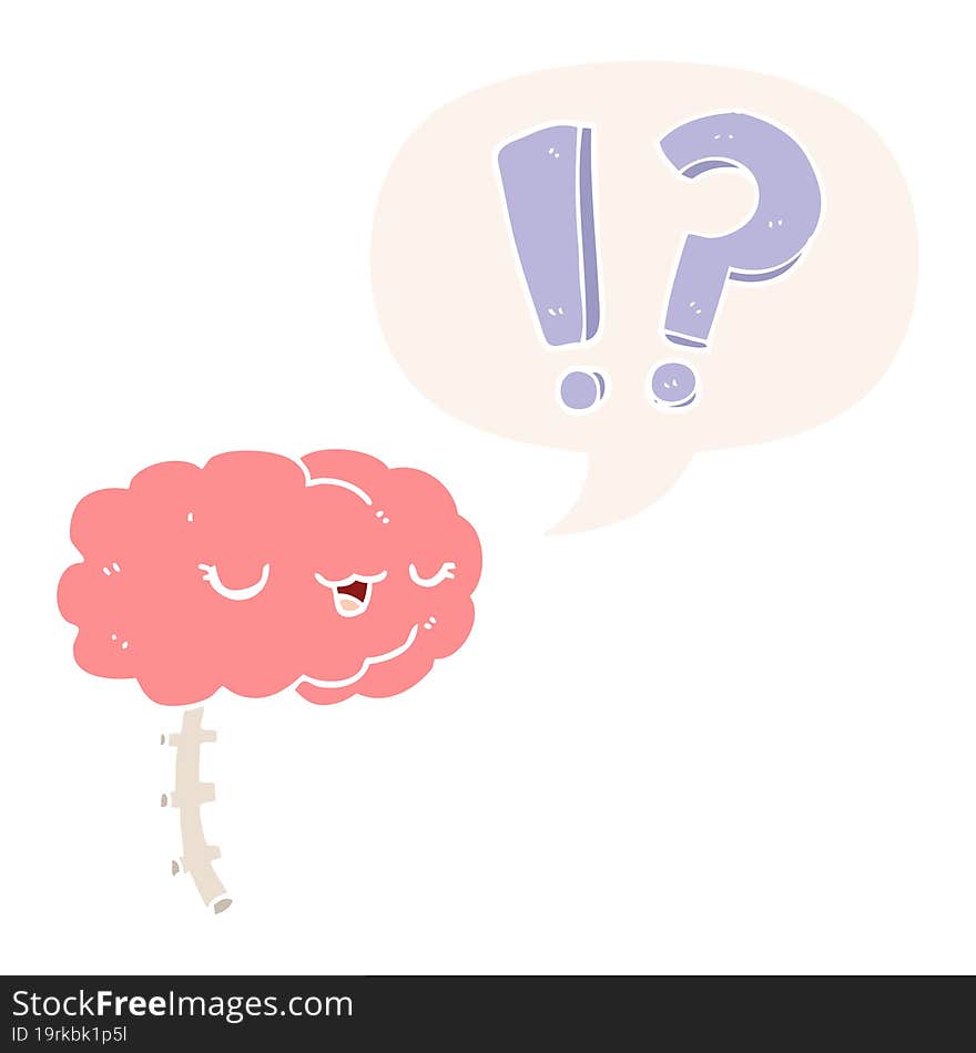 cartoon curious brain and speech bubble in retro style