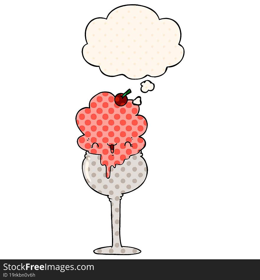 cute cartoon ice cream desert with thought bubble in comic book style