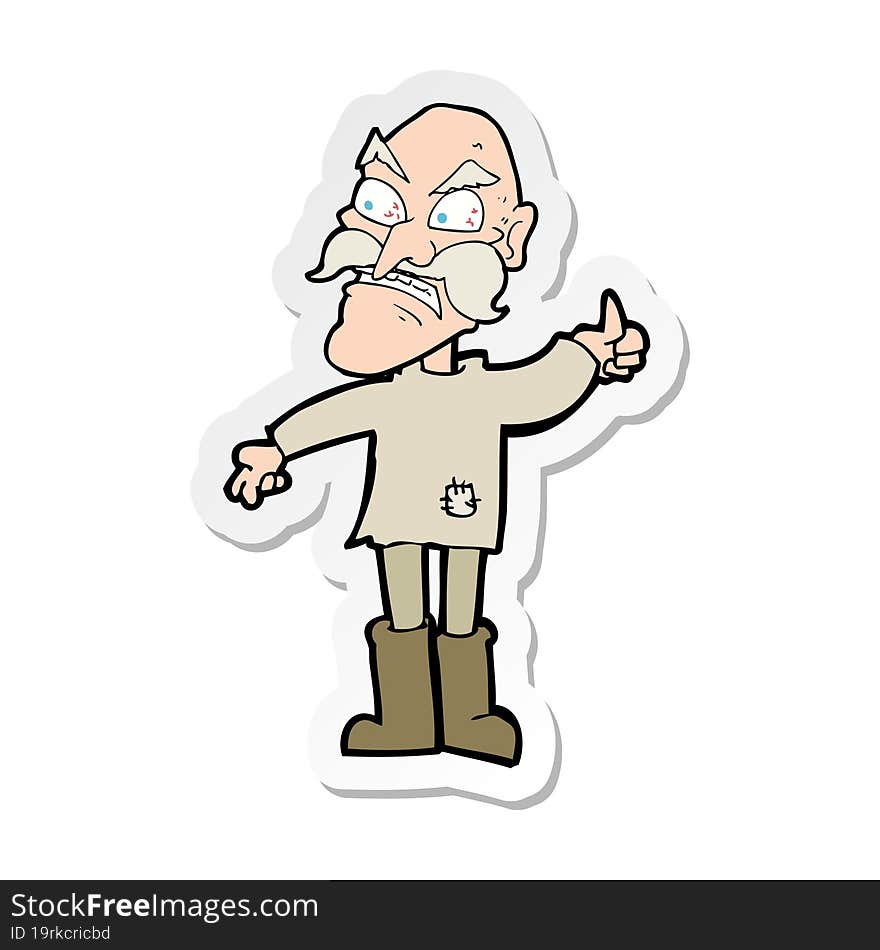 sticker of a cartoon angry old man in patched clothing