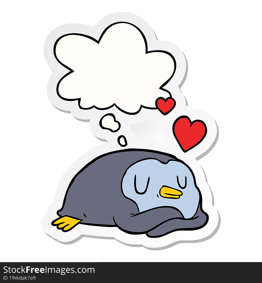 cartoon penguin in love and thought bubble as a printed sticker