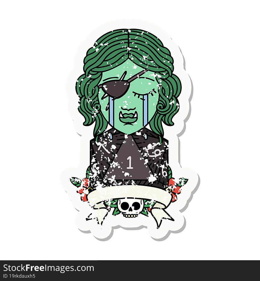 crying orc rogue character with natural one roll grunge sticker