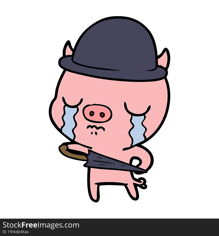 cartoon pig crying wearing business clothes. cartoon pig crying wearing business clothes