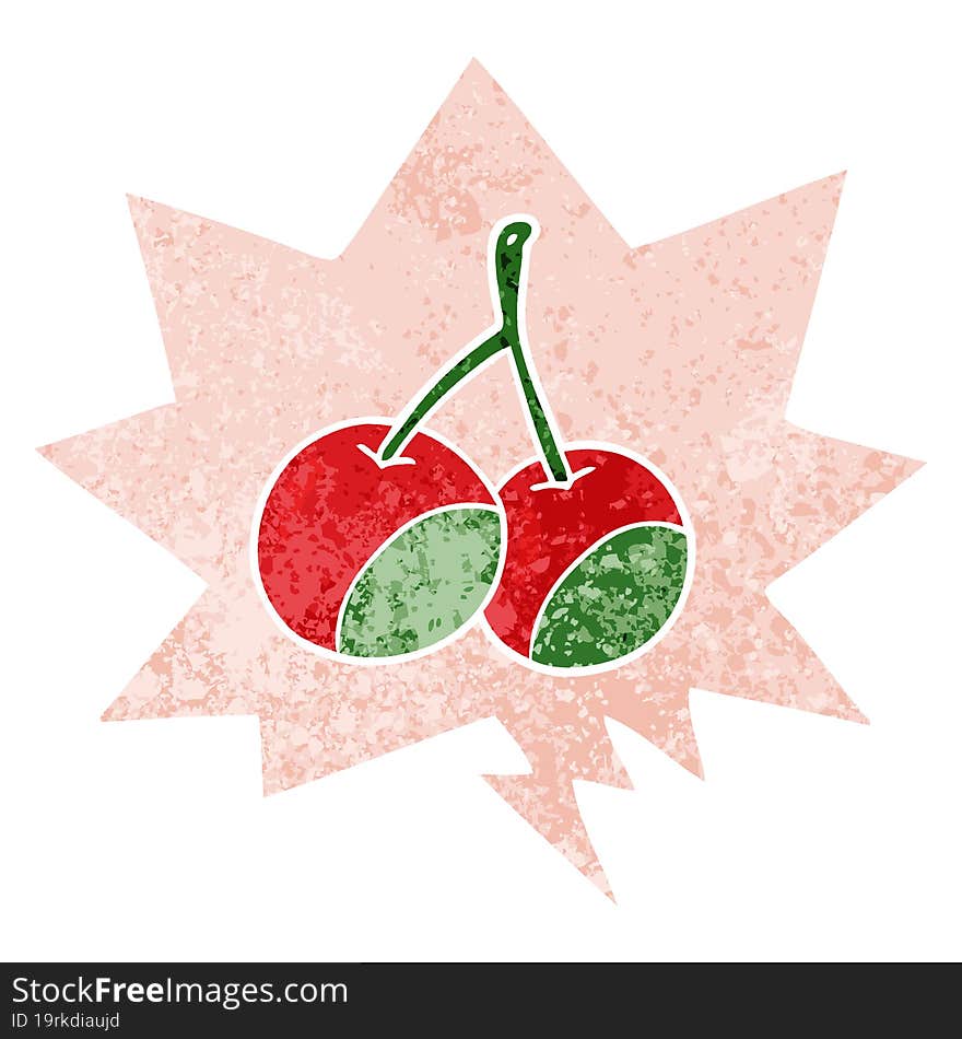 Cartoon Cherries And Speech Bubble In Retro Textured Style