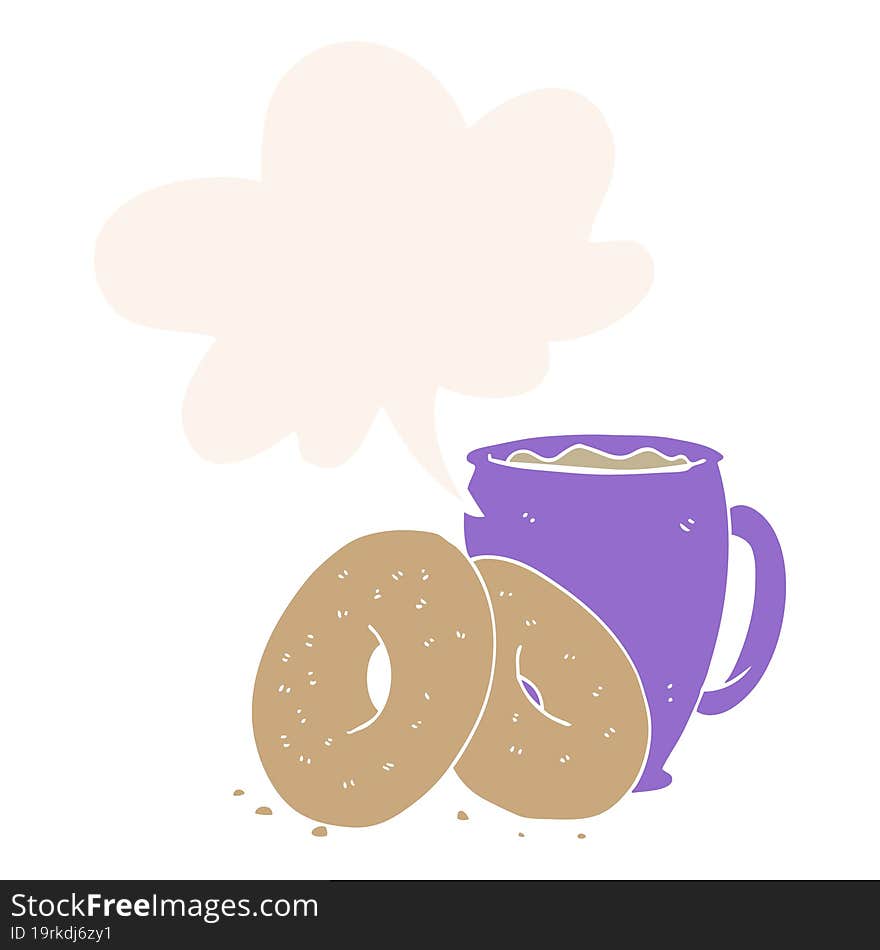 cartoon coffee and donuts with speech bubble in retro style