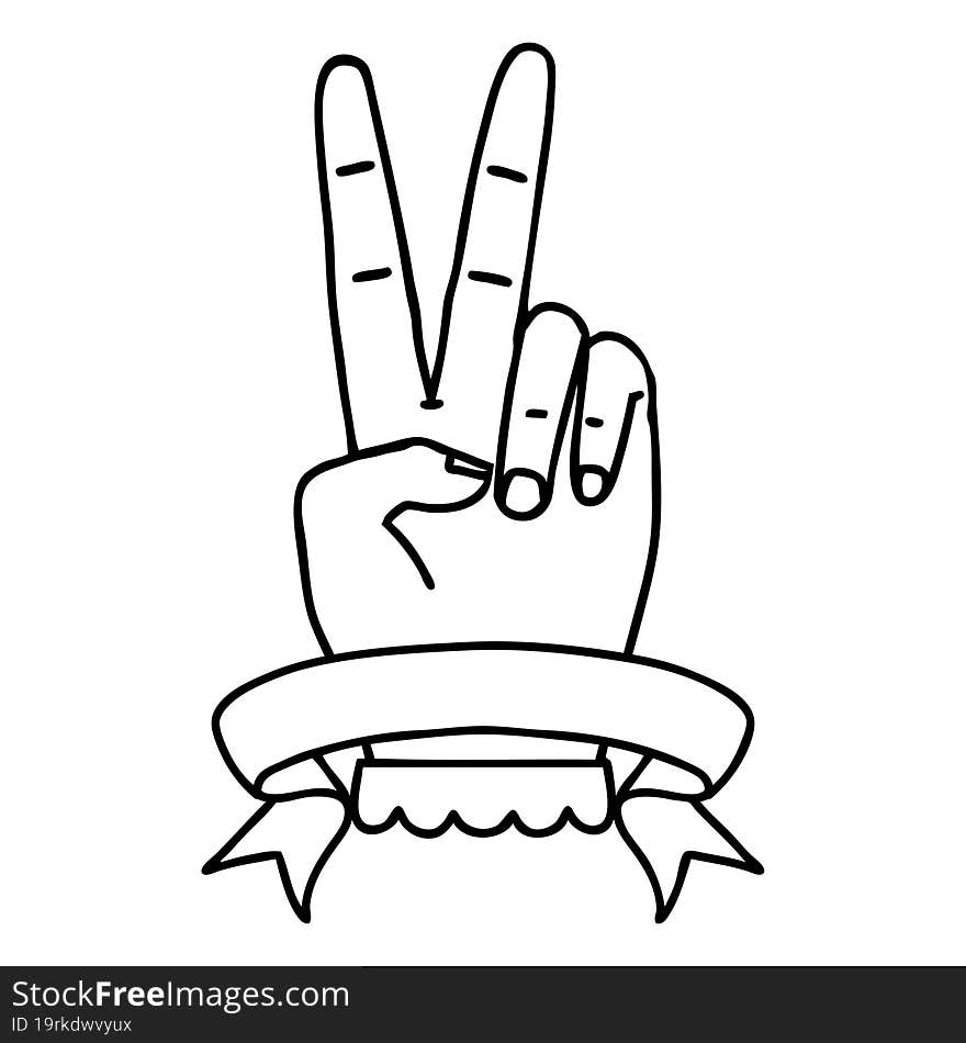 Black and White Tattoo linework Style peace two finger hand gesture with banner. Black and White Tattoo linework Style peace two finger hand gesture with banner