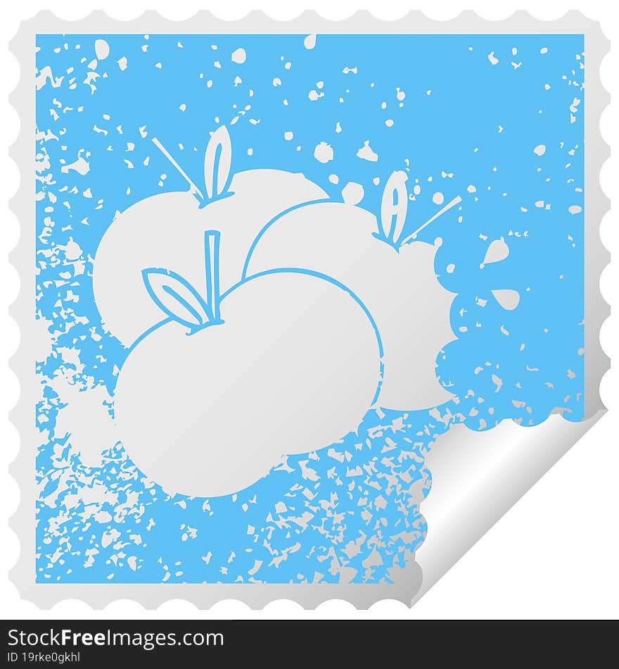 distressed square peeling sticker symbol of a juicy apple