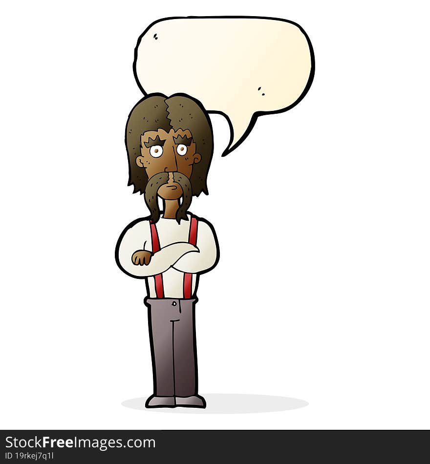 Cartoon Long Mustache Man With Folded Arms With Speech Bubble