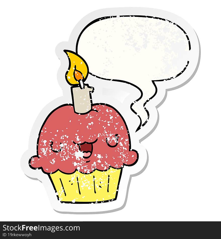 cartoon cupcake and speech bubble distressed sticker