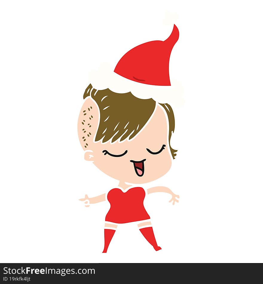 happy flat color illustration of a girl wearing santa hat