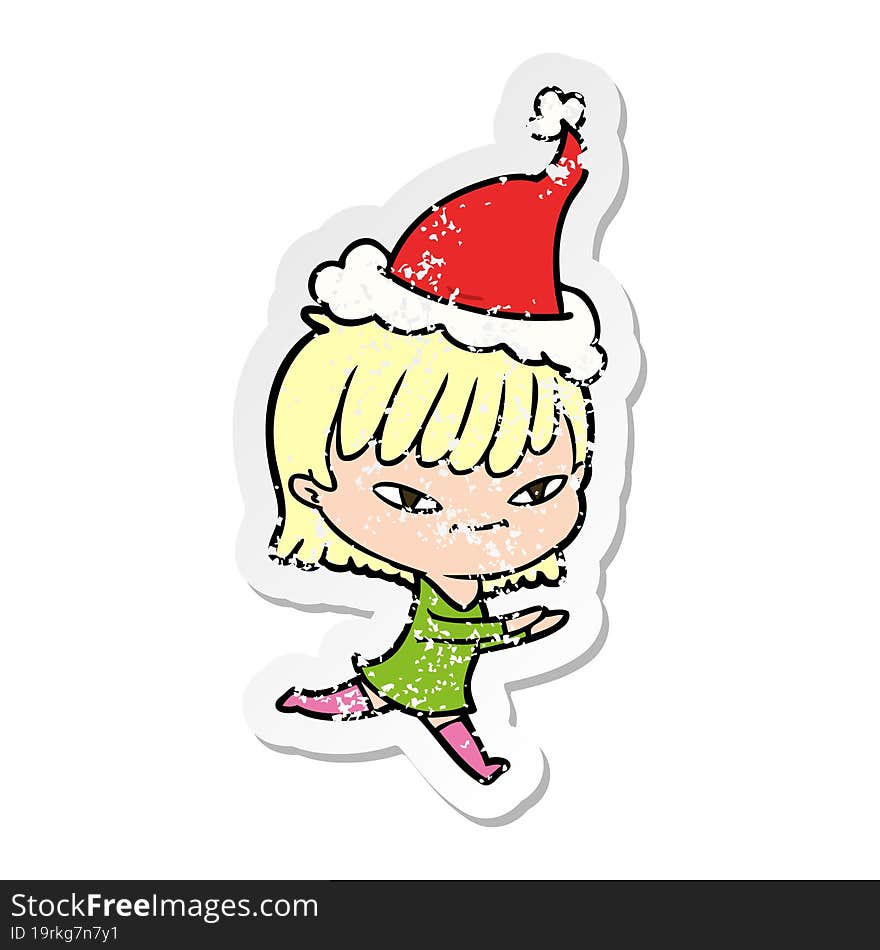 distressed sticker cartoon of a woman wearing santa hat