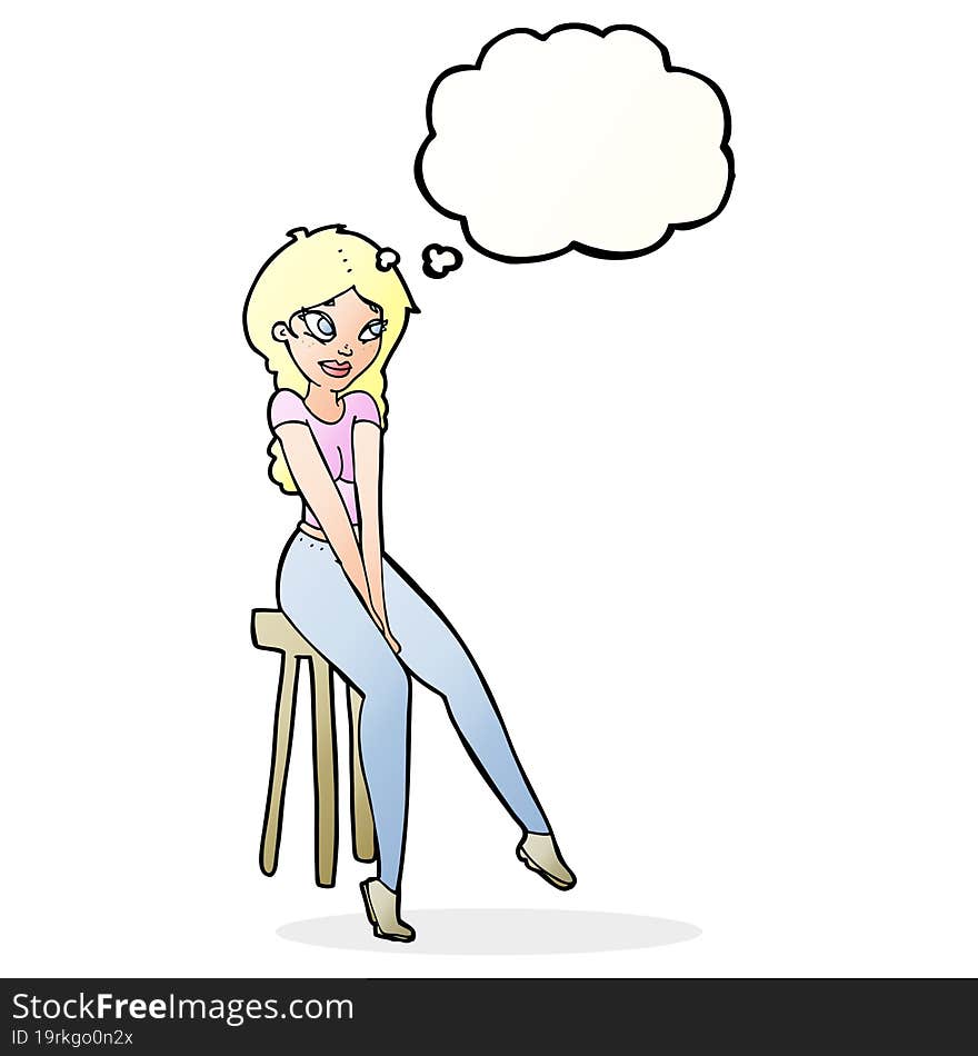 cartoon pretty girl on stool with thought bubble