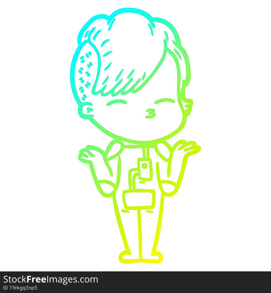 cold gradient line drawing cartoon girl wearing futuristic clothes