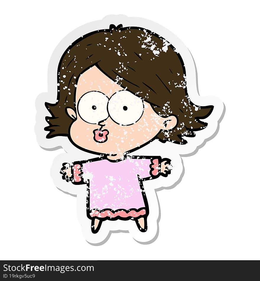 distressed sticker of a cartoon girl pouting