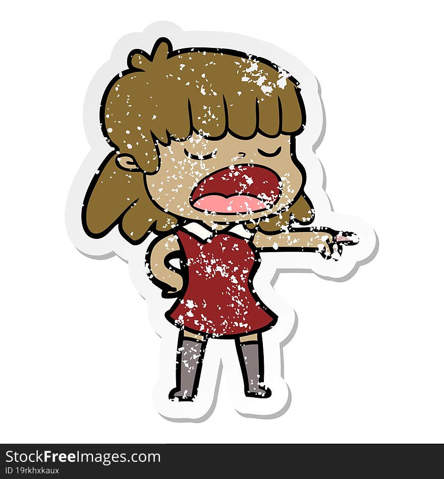 distressed sticker of a cartoon woman talking loudly