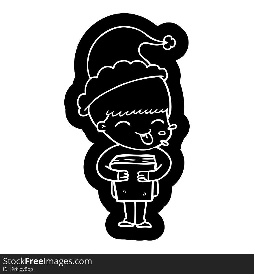 quirky cartoon icon of a boy wearing santa hat