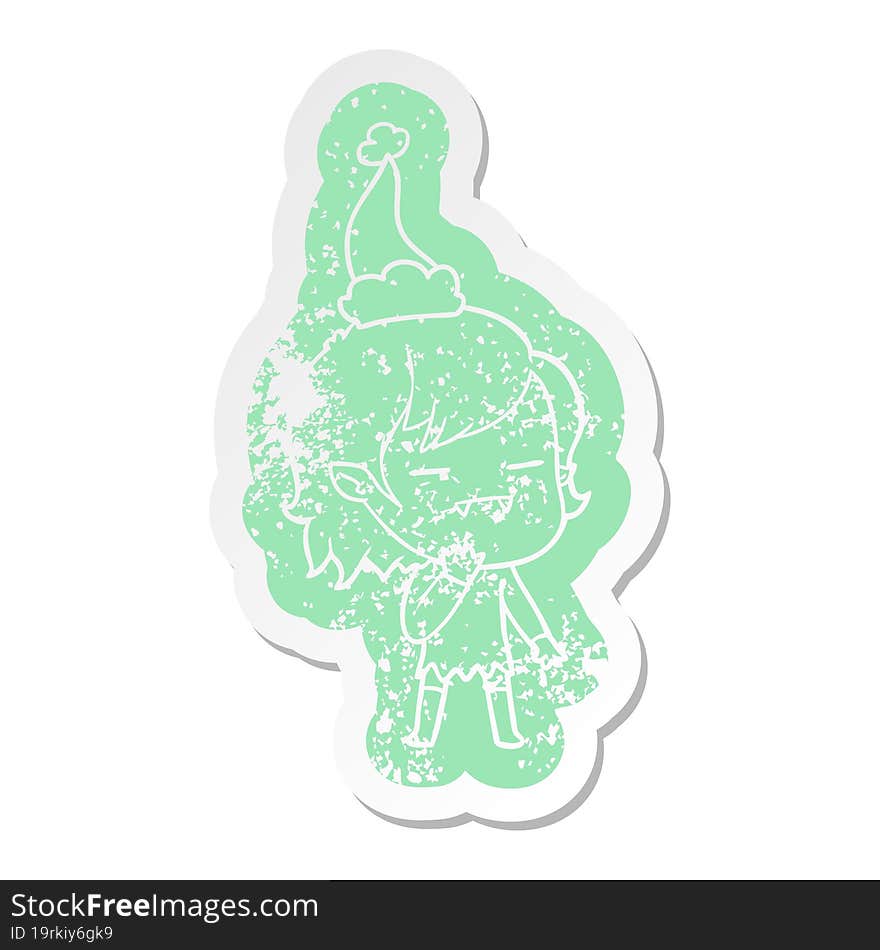 cartoon distressed sticker of a undead vampire girl wearing santa hat