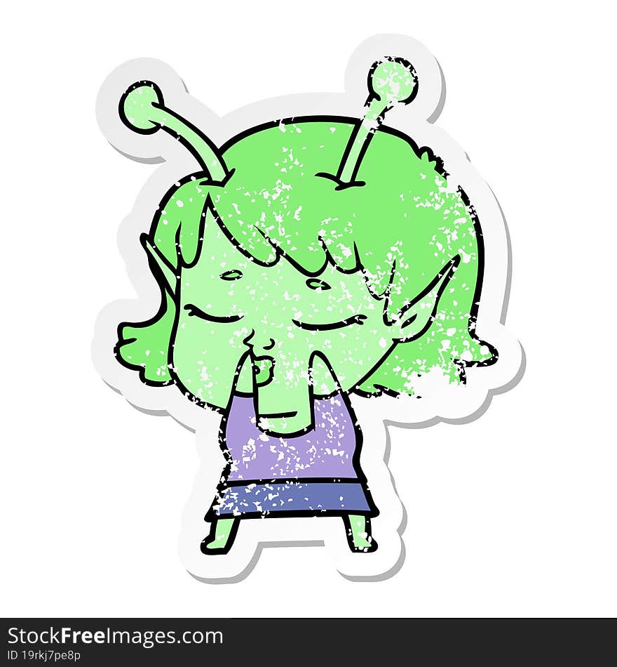 distressed sticker of a cute alien girl cartoon