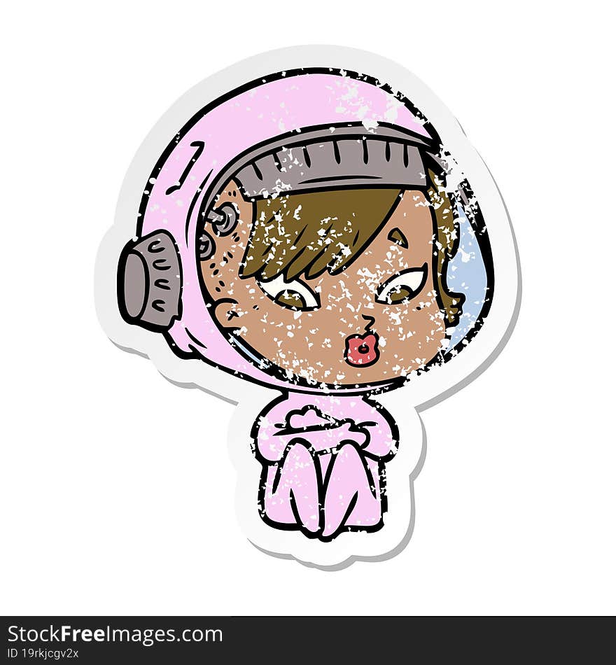 Distressed Sticker Of A Cartoon Astronaut Woman