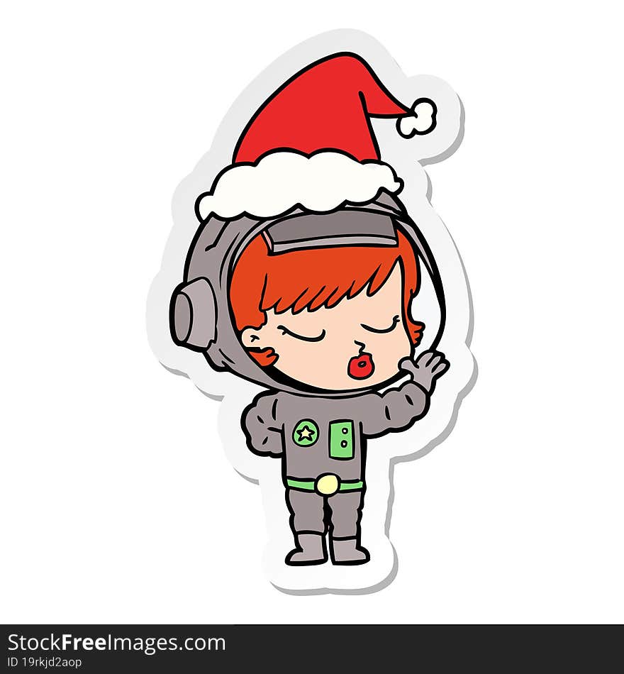 sticker cartoon of a pretty astronaut girl wearing santa hat