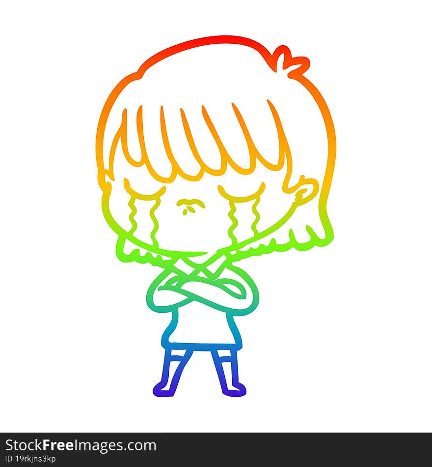 rainbow gradient line drawing of a cartoon woman crying