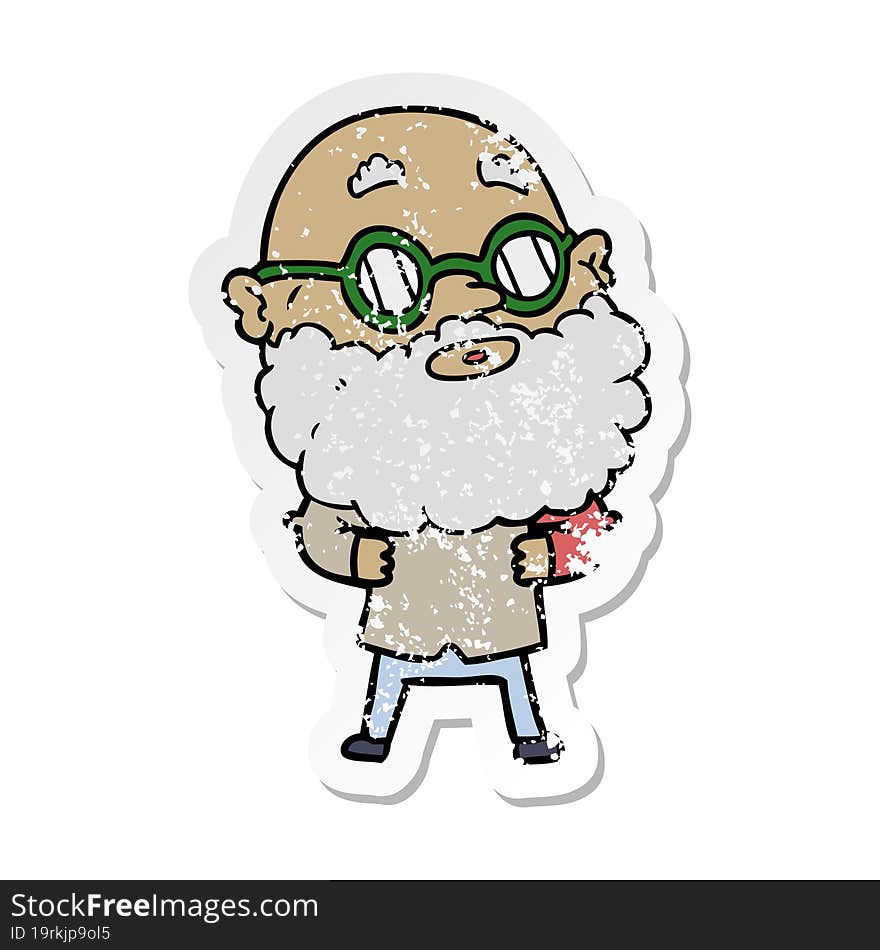 distressed sticker of a cartoon curious man with beard and glasses